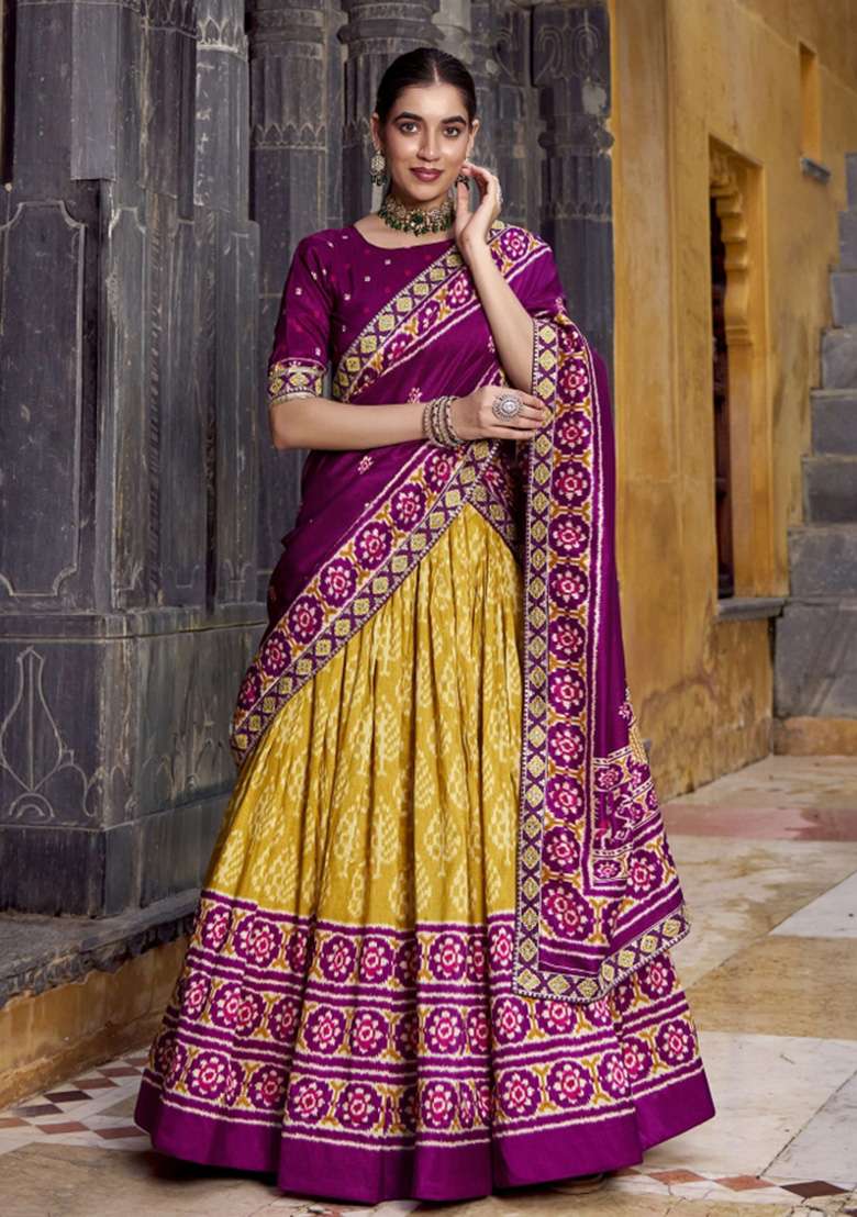 Mustard Yellow Silk Blend Lehenga Set with Printed for Diwali | Wedding & Festive Wear - Indya