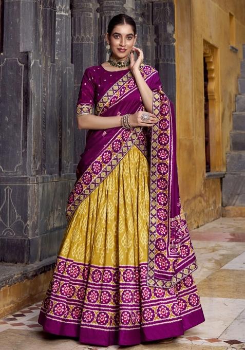 Mustard Yellow Printed Silk Lehenga Set