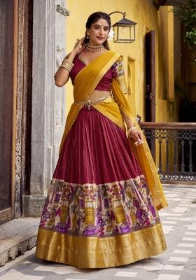 Red Printed Chanderi Lehenga Set