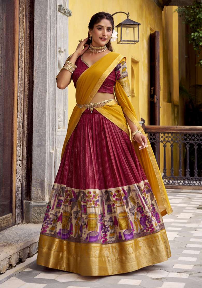 Red Printed Chanderi Lehenga Set for Diwali and Festive Wear - Indya