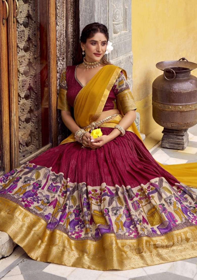 Red Printed Chanderi Lehenga Set for Diwali and Festive Wear - Indya