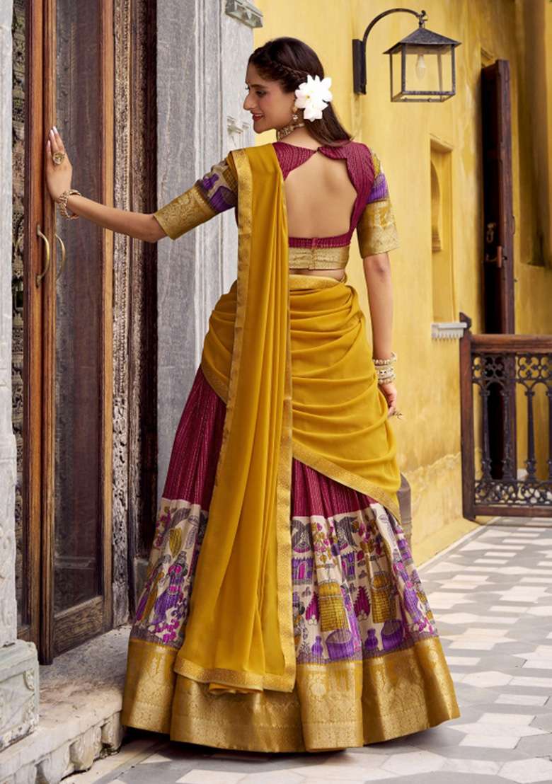Red Printed Chanderi Lehenga Set for Diwali and Festive Wear - Indya