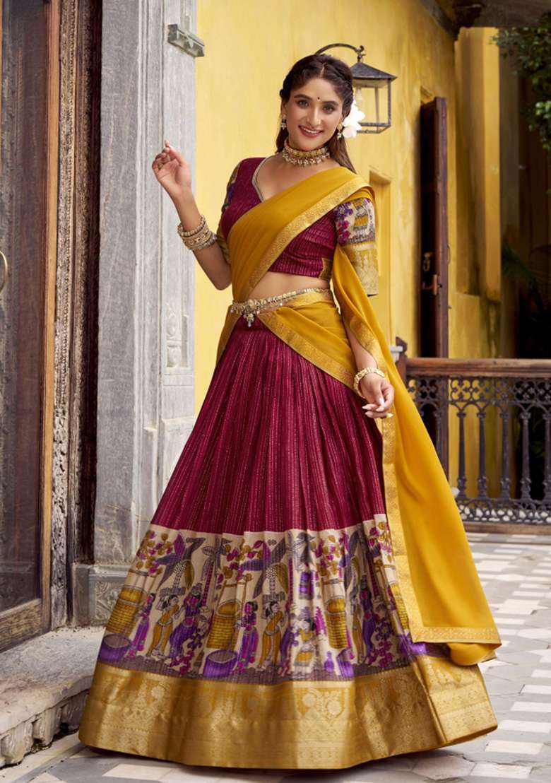 Red Printed Chanderi Lehenga Set for Diwali and Festive Wear - Indya