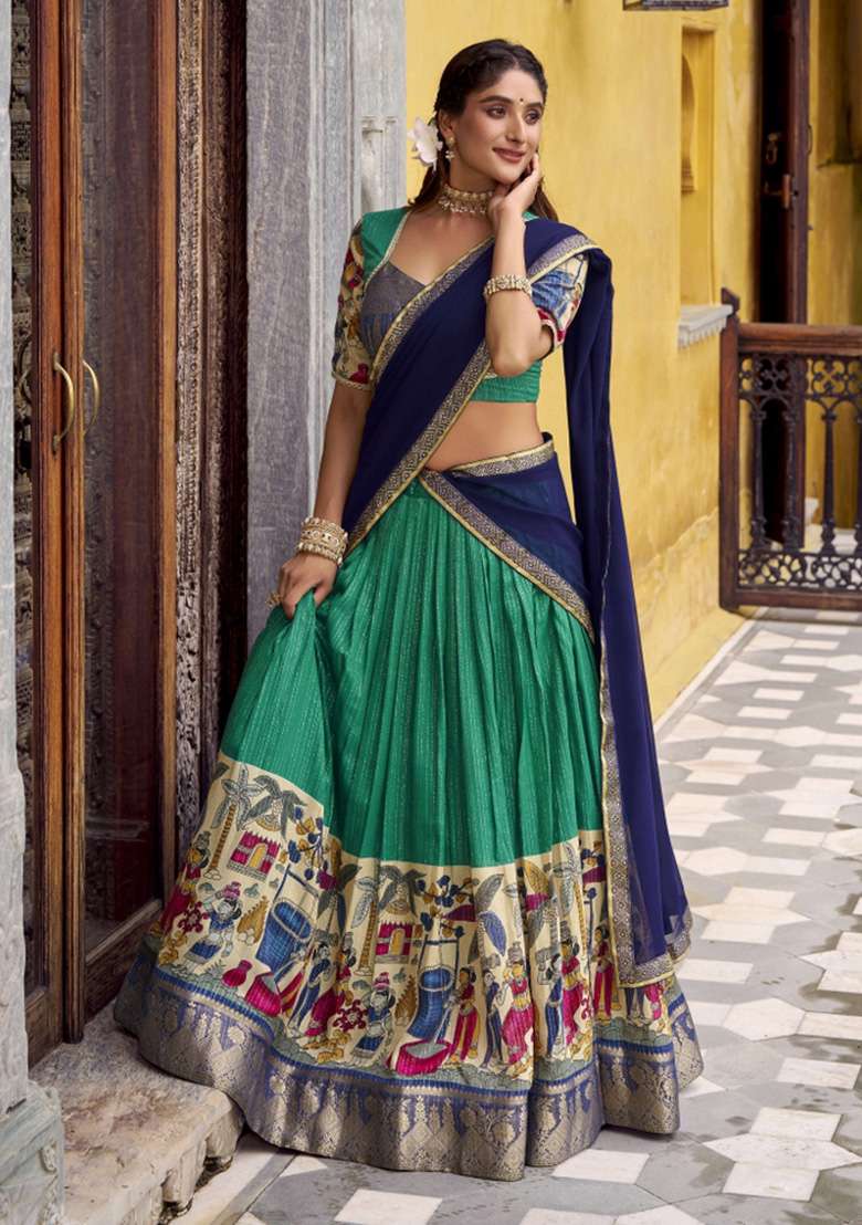 Teal Green Printed Chanderi Lehenga Set for Diwali and Festive Wear - Indya