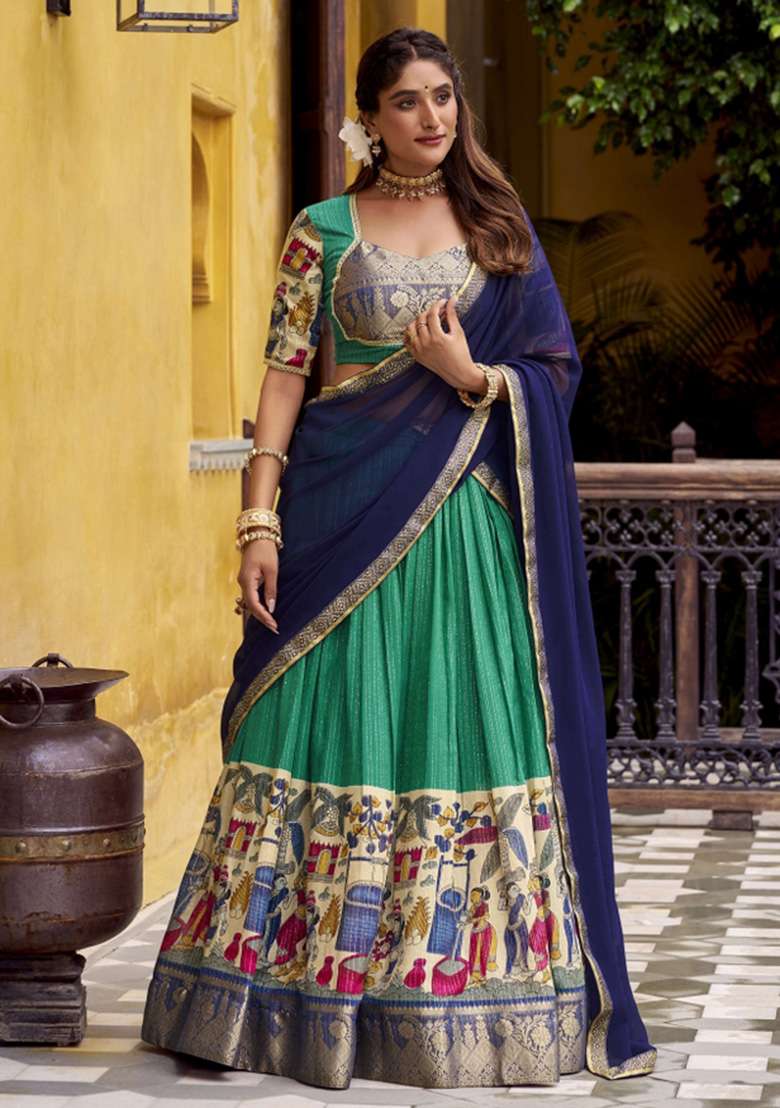 Teal Green Printed Chanderi Lehenga Set for Diwali and Festive Wear - Indya