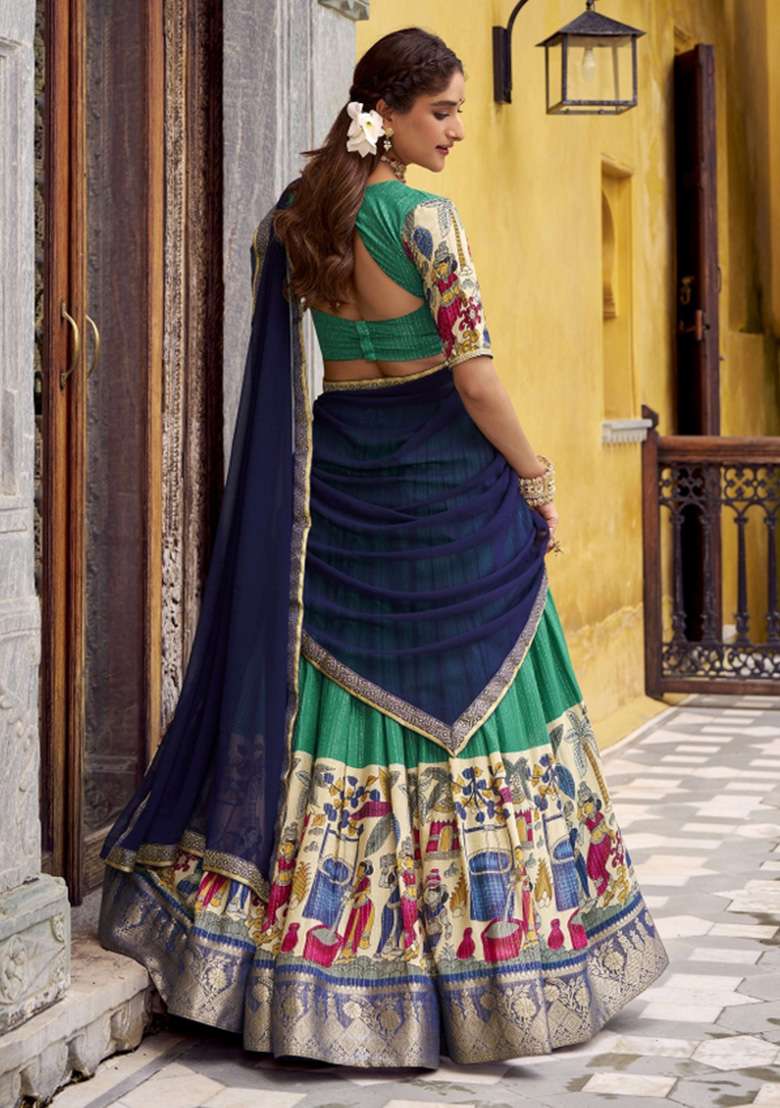 Teal Green Printed Chanderi Lehenga Set for Diwali and Festive Wear - Indya