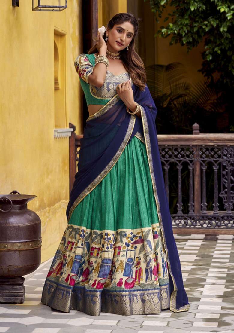 Teal Green Printed Chanderi Lehenga Set for Diwali and Festive Wear - Indya