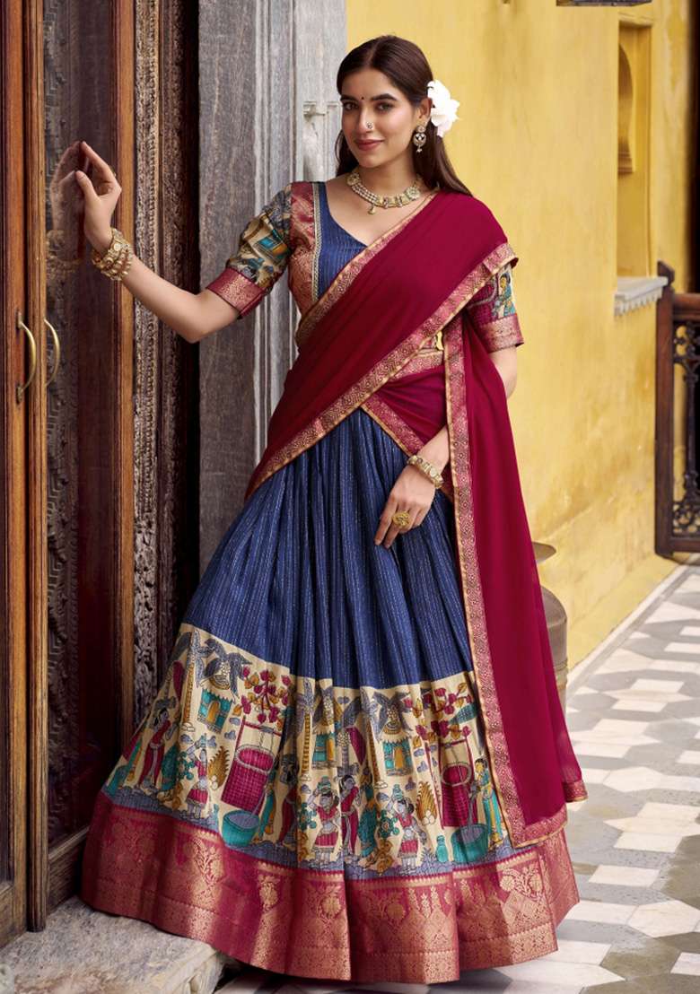 Navy Blue Printed Chanderi Lehenga Set for Diwali and Festive Wear - Indya