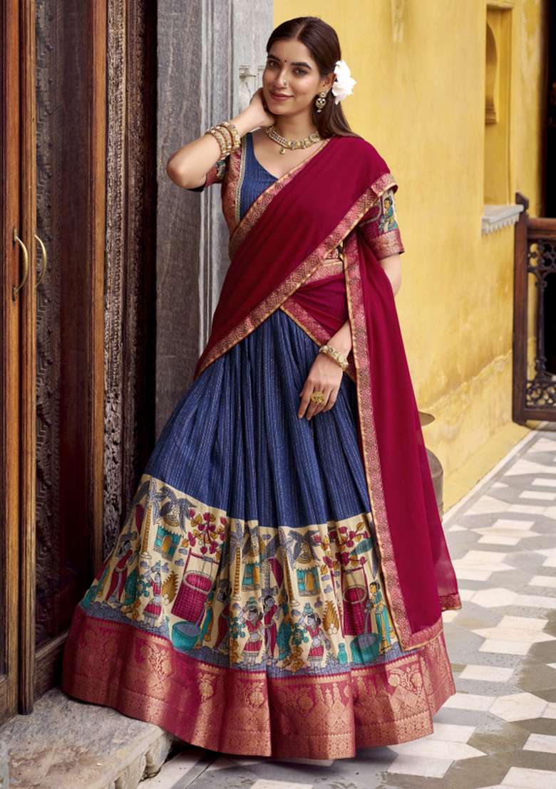 Navy Blue Printed Chanderi Lehenga Set for Diwali and Festive Wear - Indya