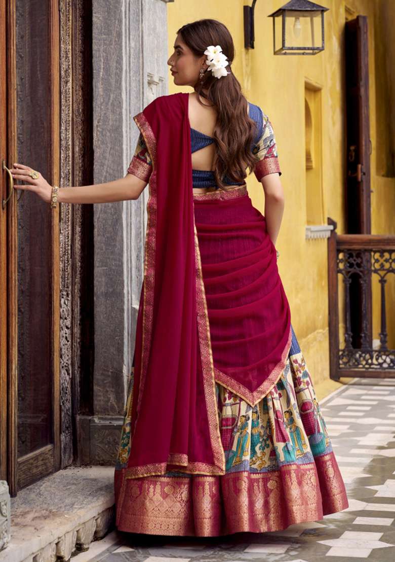 Navy Blue Printed Chanderi Lehenga Set for Diwali and Festive Wear - Indya