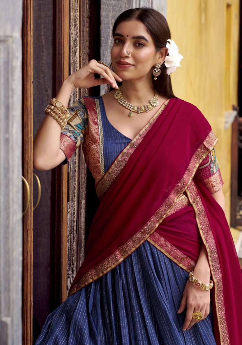 Navy Blue Printed Chanderi Lehenga Set for Diwali and Festive Wear - Indya