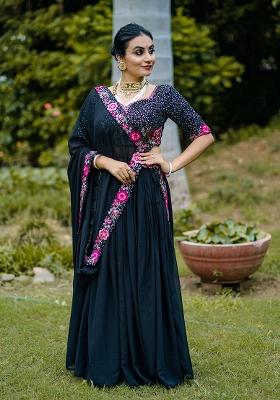 Black Embroidered Georgette Lehenga Set