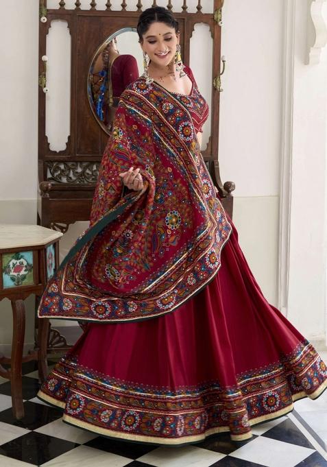 Red Printed Silk Lehenga Set