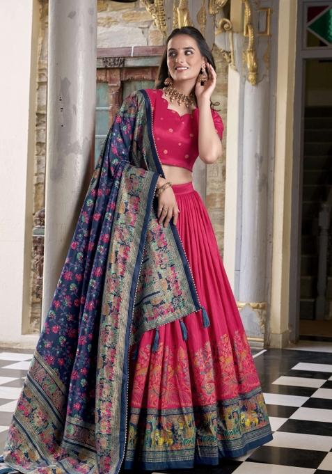 Pink Printed Silk Lehenga Set