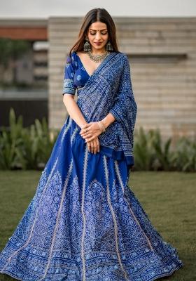 Navy Blue Printed Silk Lehenga Set