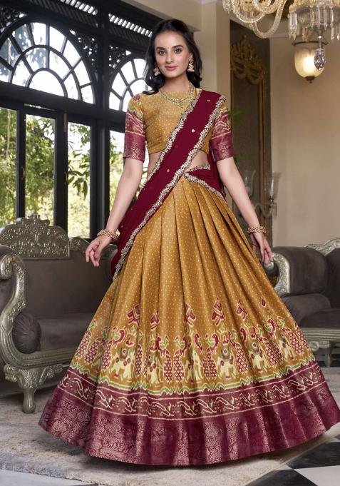 Mustard Yellow Printed Kanjivaram Lehenga Set