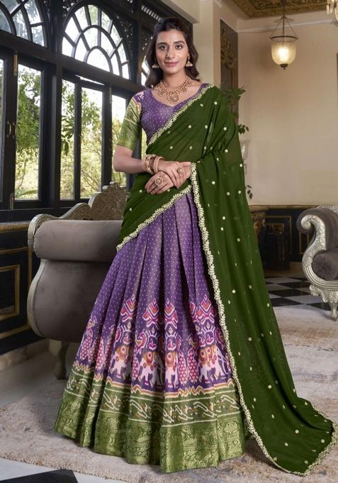Purple Printed Kanjivaram Lehenga Set
