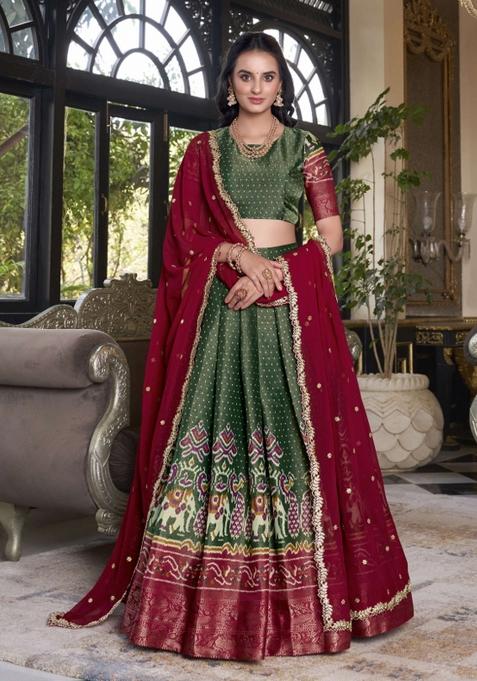 Green Printed Kanjivaram Lehenga Set