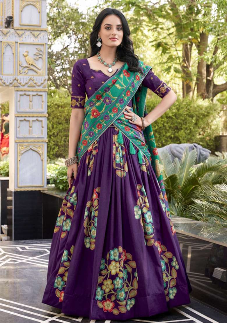 Purple Printed Silk Blend Lehenga Set - Indya