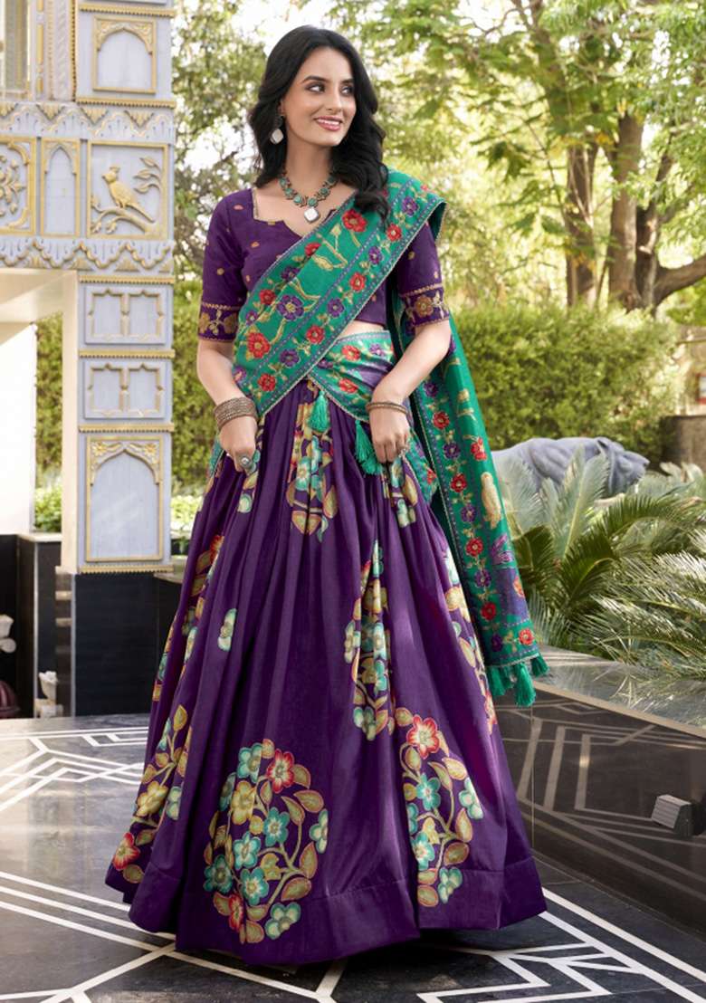 Purple Printed Silk Blend Lehenga Set - Indya