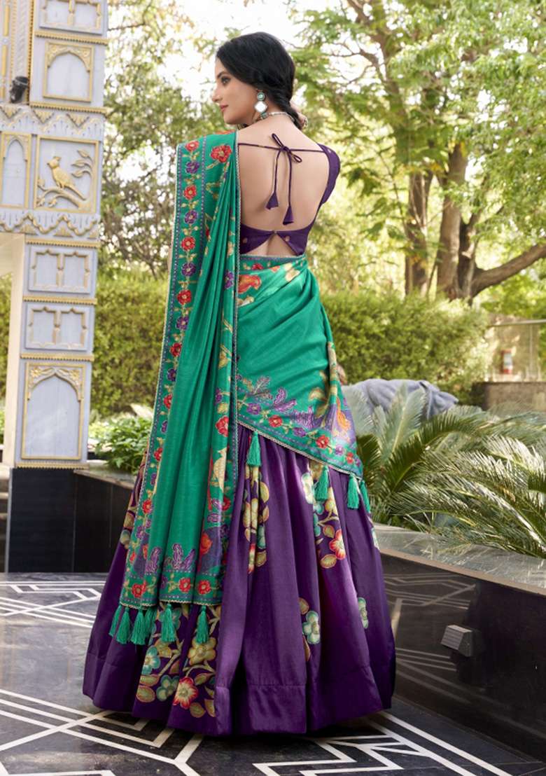 Purple Printed Silk Blend Lehenga Set - Indya