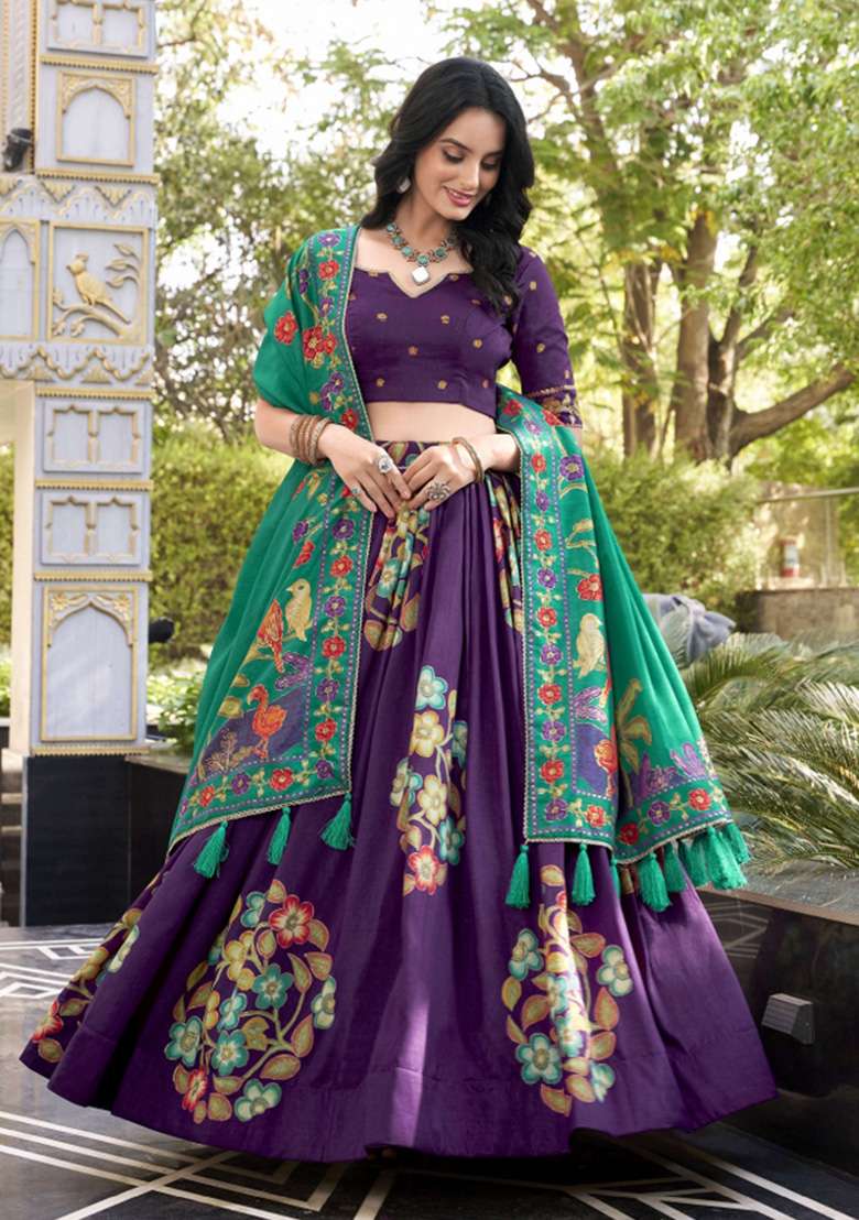 Purple Printed Silk Blend Lehenga Set - Indya