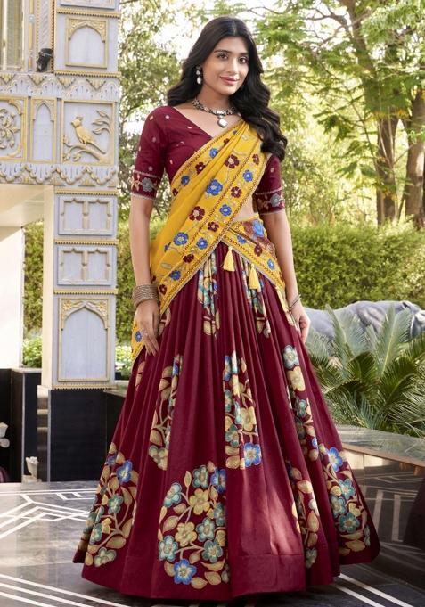 Maroon Printed Silk Lehenga Set