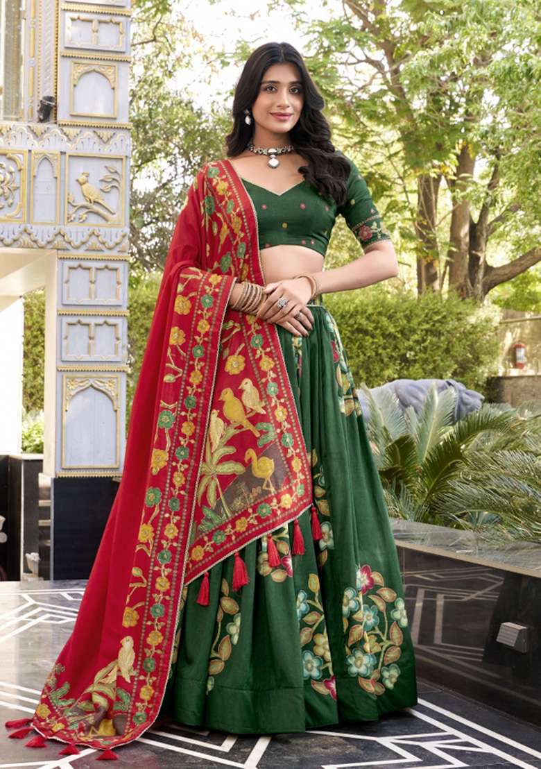 Green Printed Silk Blend Lehenga Set - Indya