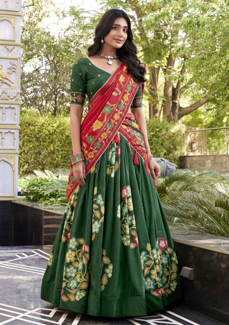 Green Printed Silk Blend Lehenga Set - Indya