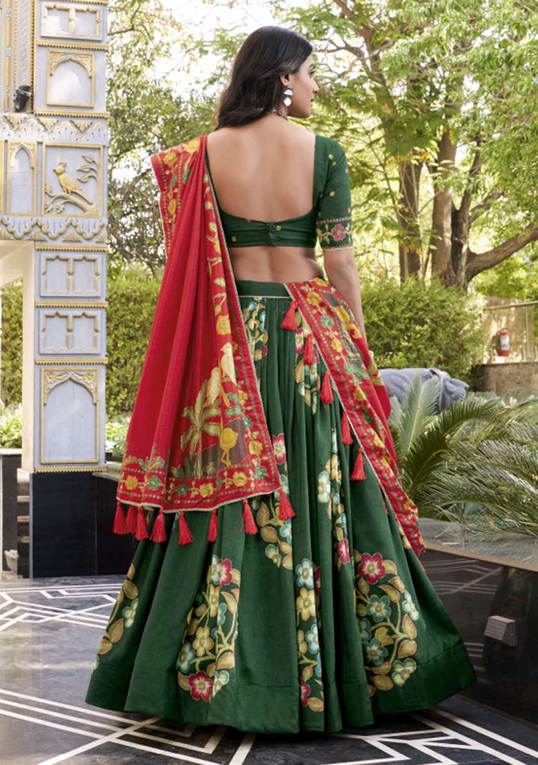 Green Printed Silk Blend Lehenga Set - Indya