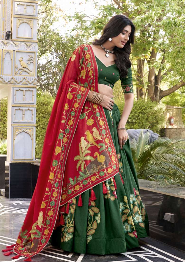 Green Printed Silk Blend Lehenga Set - Indya