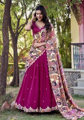 Pink Printed Silk Lehenga Set
