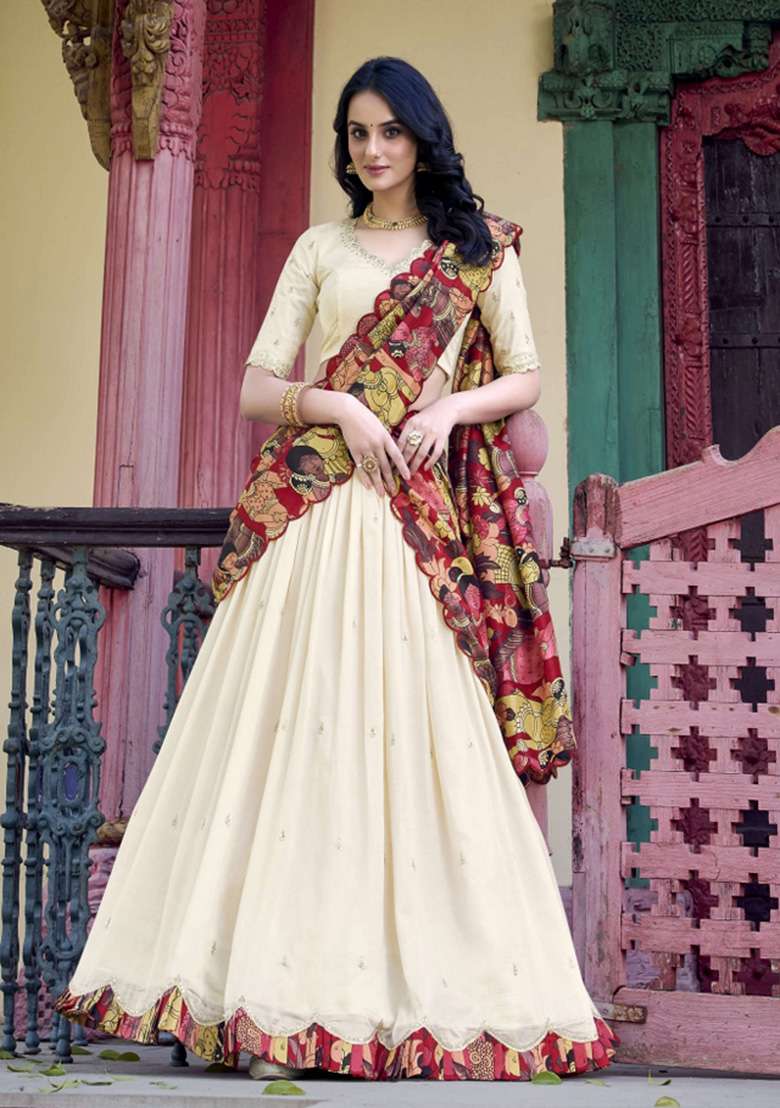 Off White Printed Silk Blend Lehenga Set for Diwali and Festive Wear - Indya