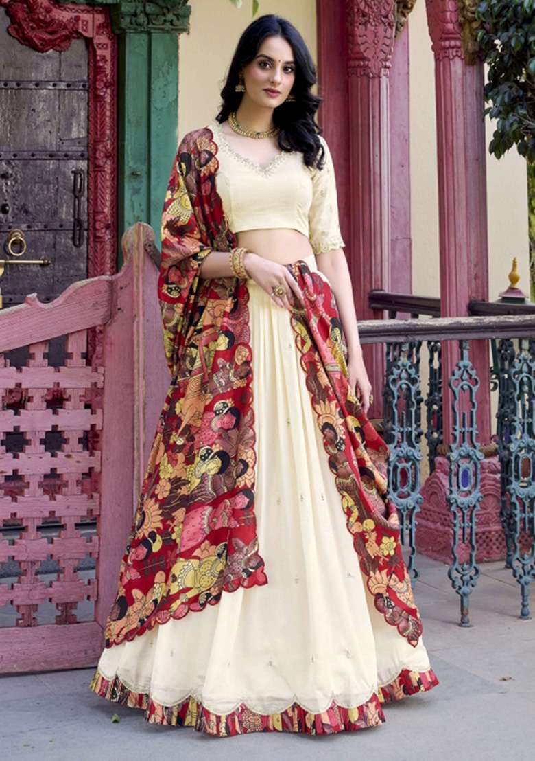 Off White Printed Silk Blend Lehenga Set for Diwali and Festive Wear - Indya