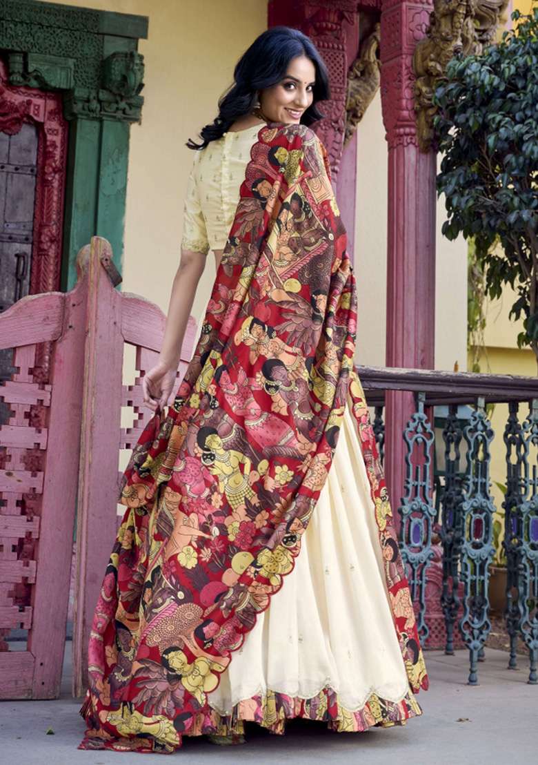 Off White Printed Silk Blend Lehenga Set for Diwali and Festive Wear - Indya