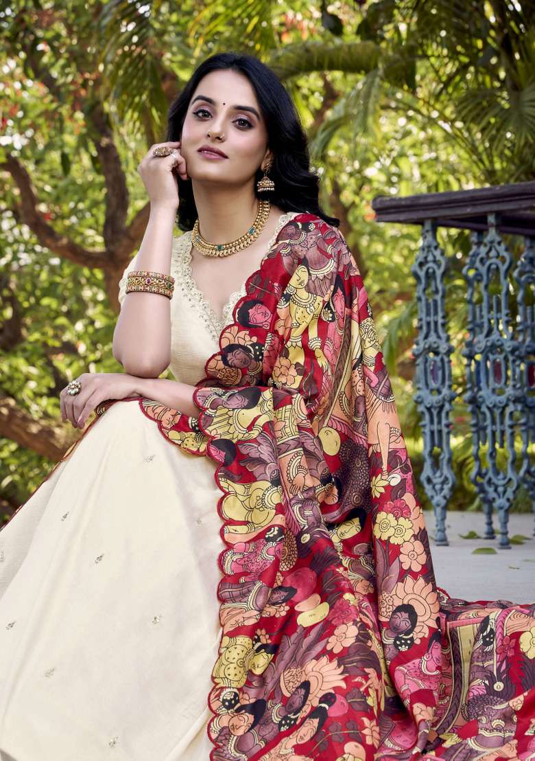 Off White Printed Silk Blend Lehenga Set for Diwali and Festive Wear - Indya