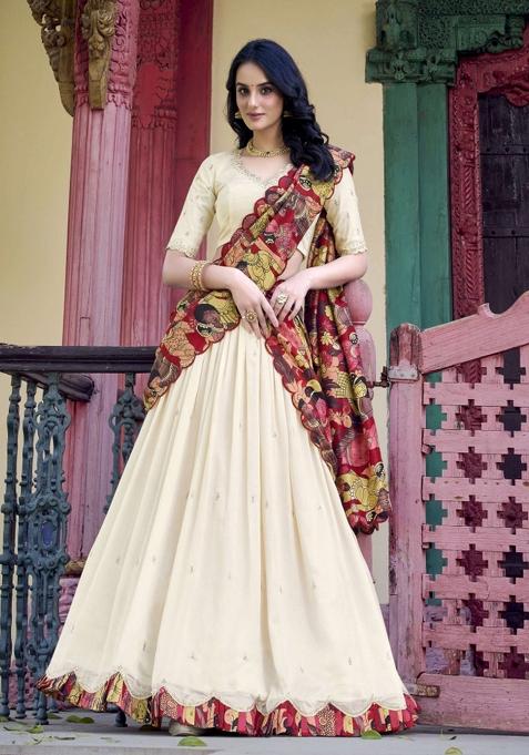 Off White Printed Silk Lehenga Set