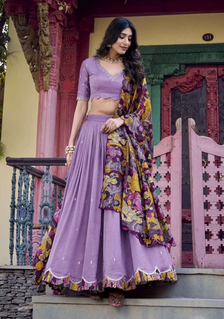 Lavender Printed Silk Blend Lehenga Set for Diwali and Festive Wear - Indya