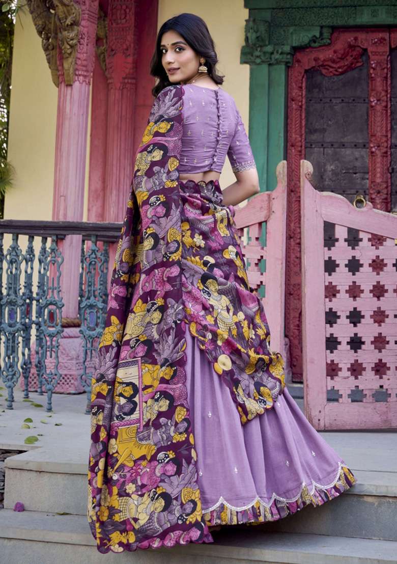 Lavender Printed Silk Blend Lehenga Set for Diwali and Festive Wear - Indya