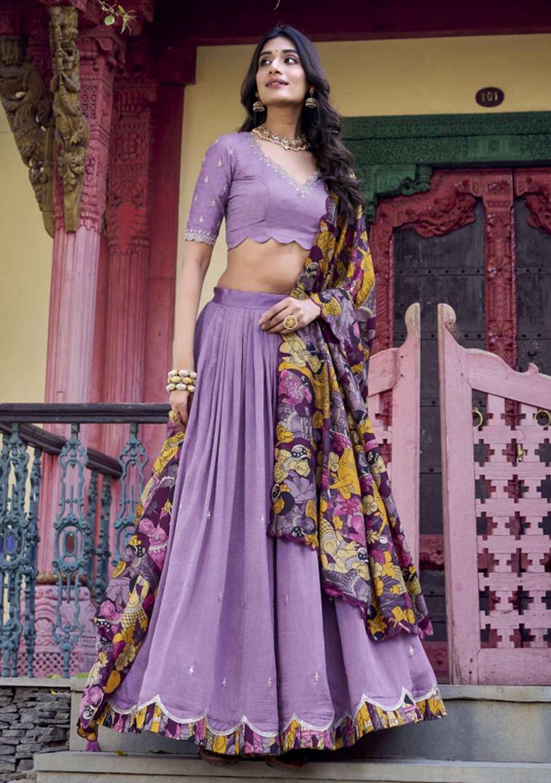 Lavender Printed Silk Blend Lehenga Set for Diwali and Festive Wear - Indya
