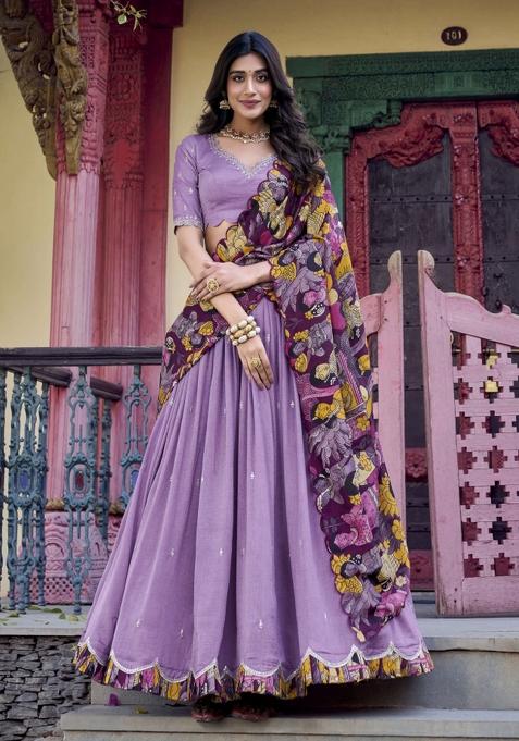 Lavender Printed Silk Lehenga Set