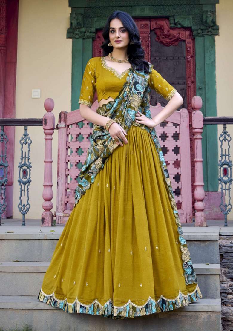 Mustard Yellow Printed Silk Blend Lehenga Set for Diwali and Festive Wear - Indya