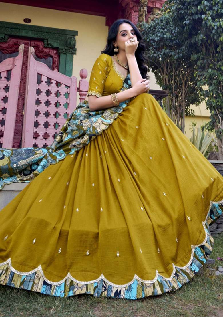 Mustard Yellow Printed Silk Blend Lehenga Set for Diwali and Festive Wear - Indya