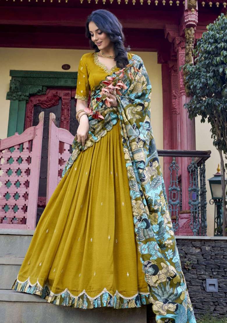 Mustard Yellow Printed Silk Blend Lehenga Set for Diwali and Festive Wear - Indya