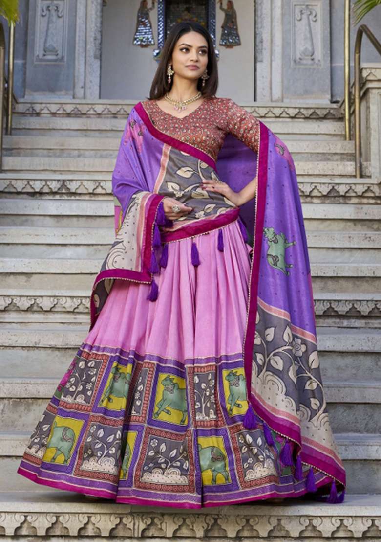 Multicolour Foil Work Silk Blend Lehenga Set for Diwali and Festive Wear - Indya