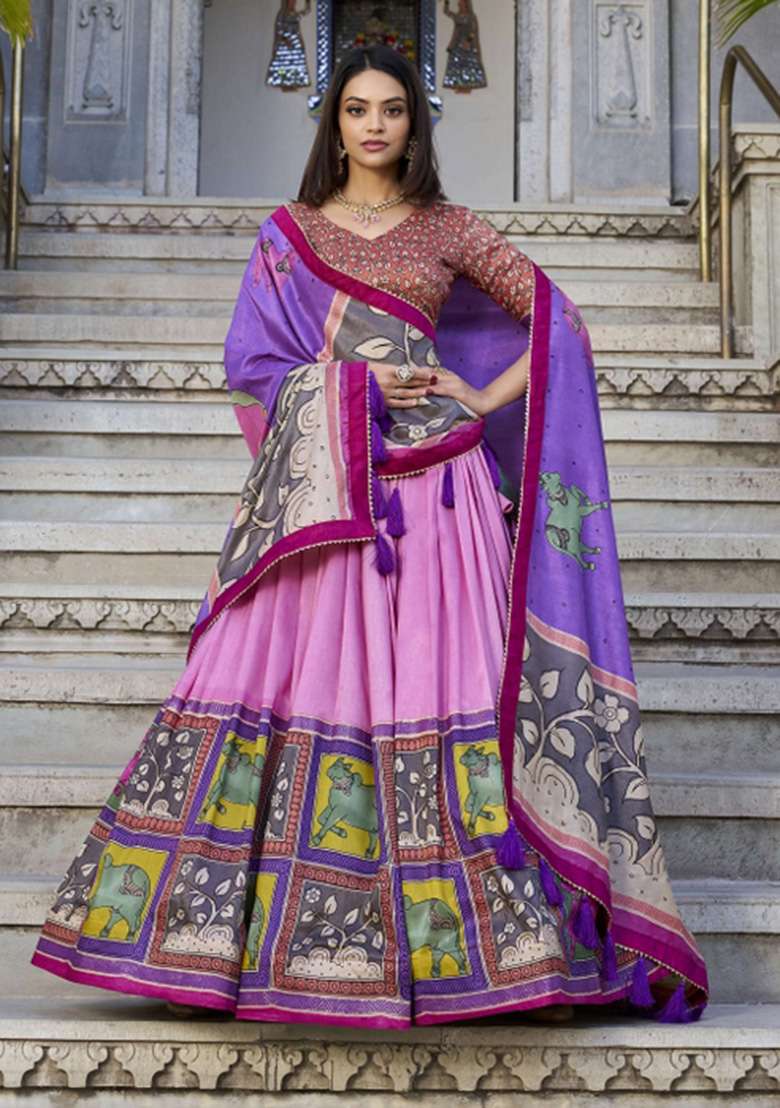 Multicolour Foil Work Silk Blend Lehenga Set for Diwali and Festive Wear - Indya