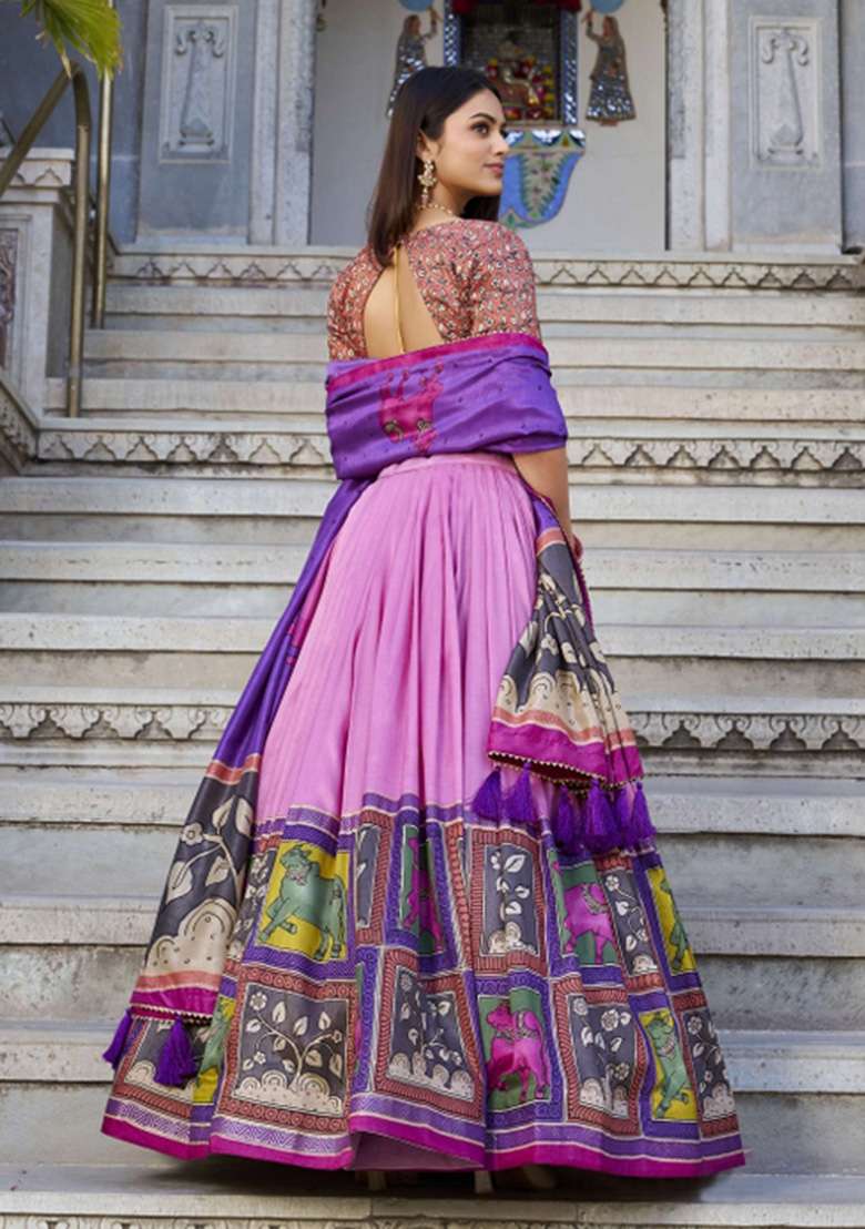 Multicolour Foil Work Silk Blend Lehenga Set for Diwali and Festive Wear - Indya