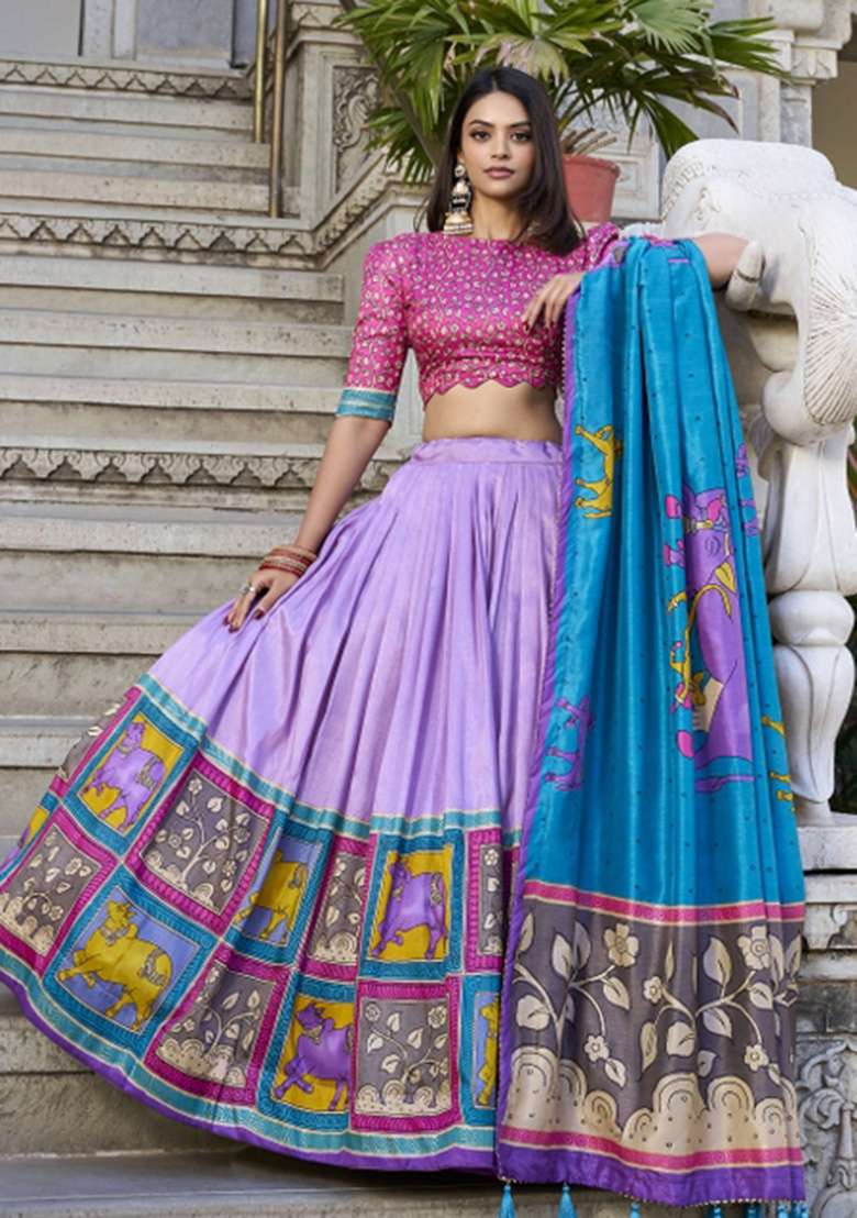Multicolour Foil Work Silk Blend Lehenga Set for Diwali | Wedding & Festive Wear - Indya