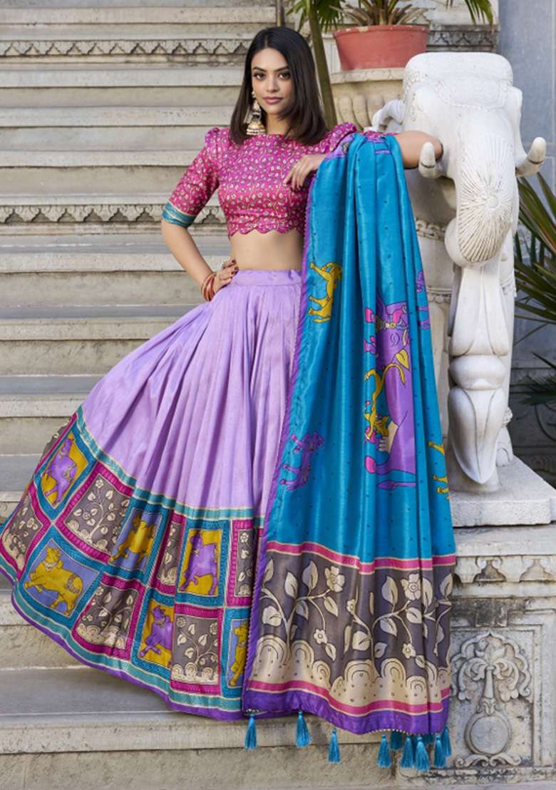 Multicolour Foil Work Silk Blend Lehenga Set for Diwali | Wedding & Festive Wear - Indya