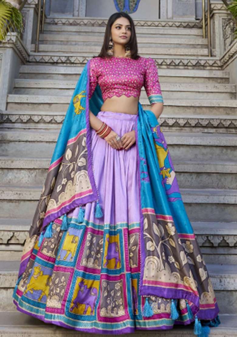 Multicolour Foil Work Silk Blend Lehenga Set for Diwali | Wedding & Festive Wear - Indya
